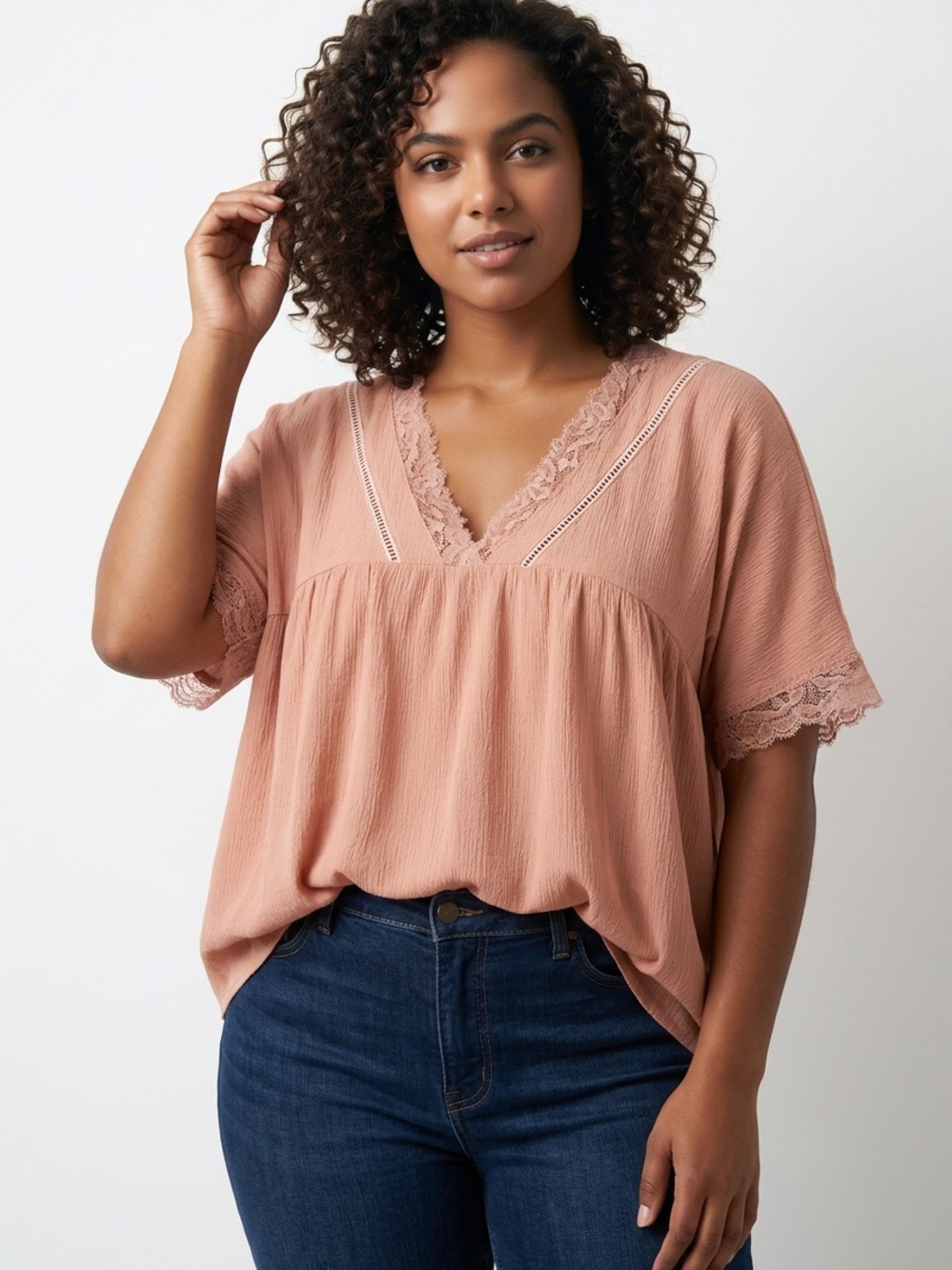 easel Lace-Trim V-Neck Blouse in Dusty Rose